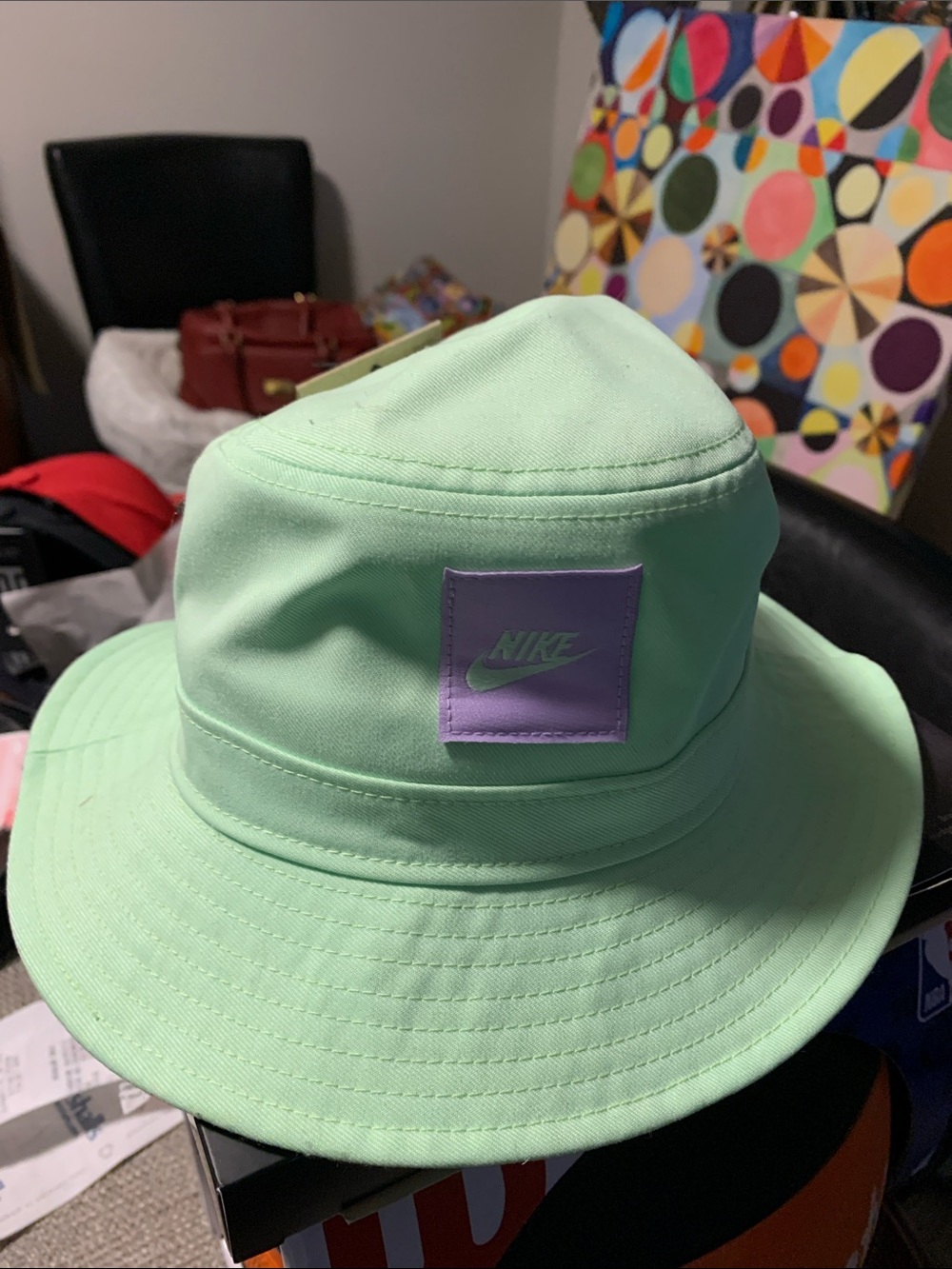 Nike Kids Mint Green Bucket Hat with Lavender Logo Patch